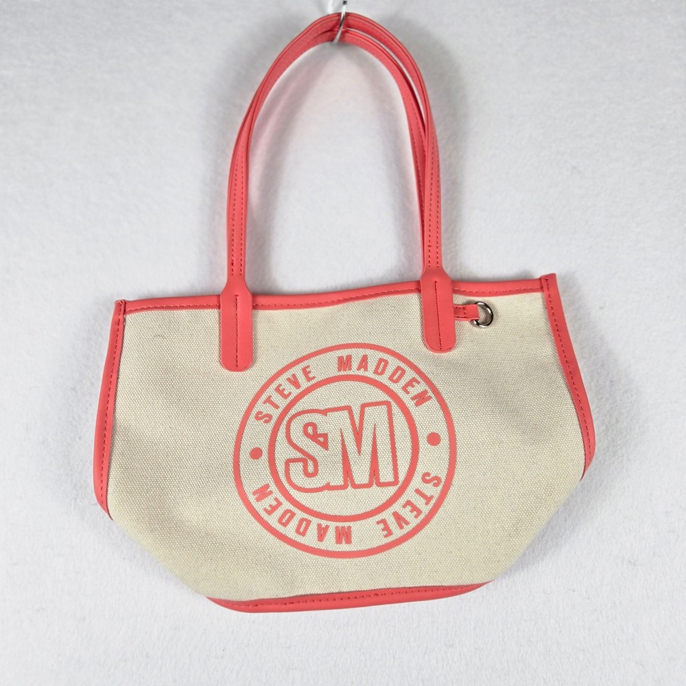 Steve Madden Canvas Tote Bag Womens Small Cream Pink Logo Casual (S10)